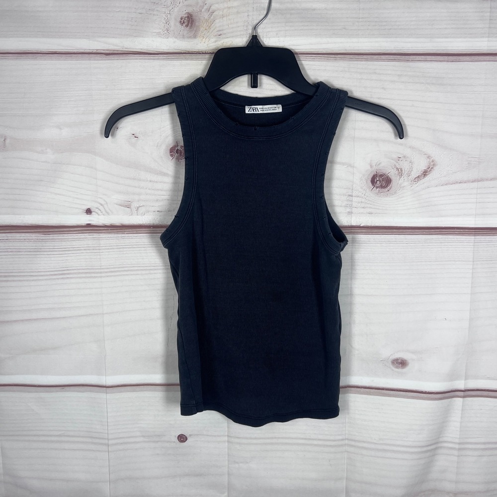 Zara Tank Top Women Medium Black Ribbed Sleeveless Distressed Crew Neck Slim Fit
